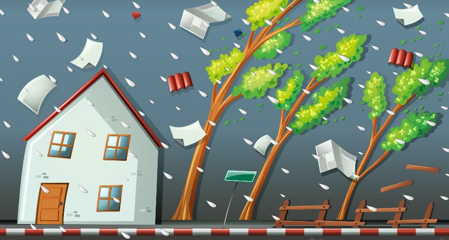Representation of a storm striking a house and surrounding environment