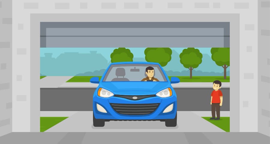 Illustration of a homeowner driving into the garage with a child watching.